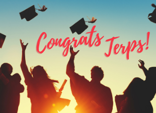 grads throw caps in air with words: congrats terps